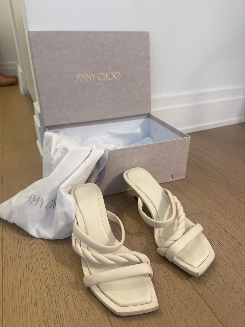 Jimmy Choo Cream Braided-Strap Square-Toe Slide Sandals